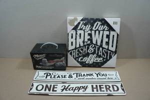 lot 216 image: 3-Piece Mason Jar Kitchen Set and Signs