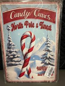 box c - Candy Canes North Poles Finest Tin Sign - Holiday Snowy Scene Wall Decor