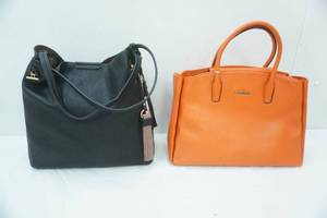 Calvin Klein Orange Leather Purse; Trendy Two-Tone Tassel Accent 3-Compartment Hobo Bag in Black Faux Leather