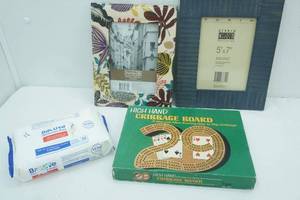 lot 176 image: Cirbbage Board Shaped Like 29, Disenfectant Wipes, Solid wood 5x7 picture frame and more