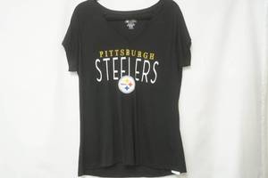 lot 226 image: NFL Team Apparel Size XL Pittsburgh Steelers. Womans black v-neck t-shirt