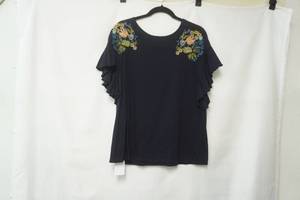 lot 379 image: Loft Size M. Navy Blue wfloral embroidery, flutter sleeve blouse
