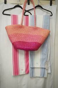 lot 895 image: 2 Royal Standard microfiber beach towels , pink straw beach bag