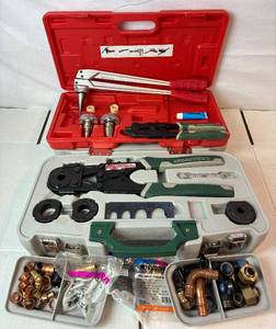 lot 35 image: Masterforce PEX Crimping Tool Kit with Case, PEX Ring Removal Tool and Sioux Chief 305-W23KIT ASTM F1960 Grip Expander Tool Kit with Case