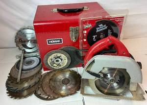 lot 43 image: Milwaukee Tilt-Lok 7 14 Heavy Duty Circular Saw 13 Amp Corded Model 6365 with Additional Blades and Metal Carrying Case