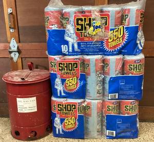 lot 81 image: 6 Gal Oil Rag Can and 30 Rolls of Scotts Shop Towels