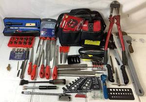 lot 132 image: Hand Tools Combo - Cutters, Pipe Wrench, Files, Soldering Iron and More