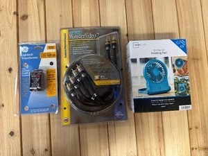 lot 97 image: Lightech Transformer, Monster Video 2 Cable, On the Go Folding Fan, All New in Box