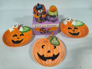 lot 113 image: Fitz & Floyd Kitty Witches Salt & Pepper Shakers  Three Halloween Porcelain Candy Dishes