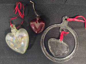 lot 210 image: Kosta Boda Heart Sun Catcher & Two Glass Heart Ornaments