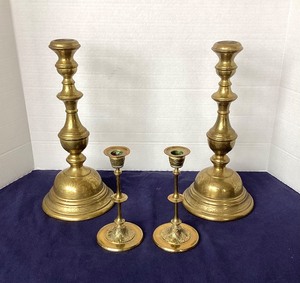 lot 16 image: Pair of  Victorian Brass Candlesticks  Pair of Vintage French Candlesticks