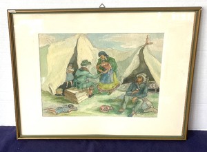 lot 96 image: Vintage Watercolor on Velum Swedish Gypsy Camp