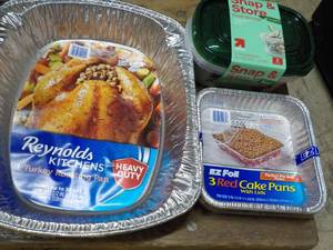 lot 249 image: 3 Foil Cake Pans, 1 Turkey Roasting...