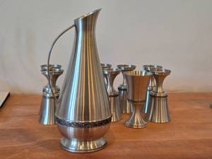 lot 5 image: Vintage Pewter Water Pitcher and Goblet Set of 10 by Astri Holthe (Norway)