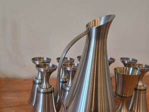Vintage Pewter Water Pitcher and Goblet Set of 10 by Astri Holthe (Norway)