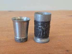 lot 28 image: Lot of (2) Shot Glasses - German Pewter (Rein Zinn) 3 and Norwegian Pewter 2-12