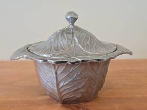 lot 31 image: Pewter Holloware Covered Casserole  Cabbage Leaf design  9 x 13