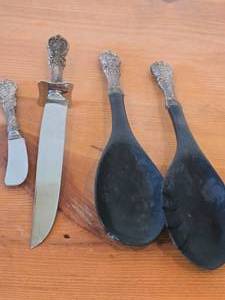 lot 36 image: 349-grams (total) Sterling Silver Handled Utensils - Serving Spoon, Melon Spoon, Cake Knife, Butter Knife