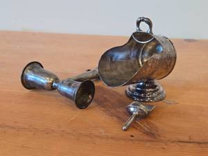 lot 43 image: Vintage 407-grams (total) Silverplated Sugar Scuttle and Candle Snuffer