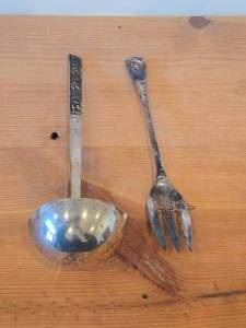 lot 44 image: 372-grams (total) Silverplated Serving Fork and Punch Bowl Ladle