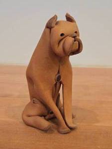 lot 93 image: Vintage Boxer Dog theme Handmade Leather Figurine by Deru (1960s) (Germany)  Mid-Century Modern style