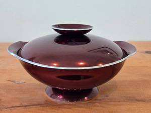 lot 123 image: Vintage Brown Enameled Aluminum Covered Bowl by Olden (Norway)