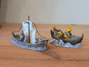 lot 127 image: Lot of (2) Fishermen In Boats theme Handpainted Resin Figurines (Norway)