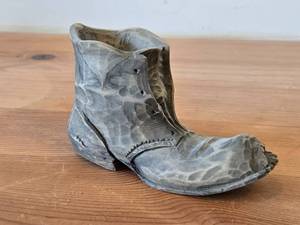 lot 133 image: Old Worn Boot theme Hand-carved Wooden Candleholder