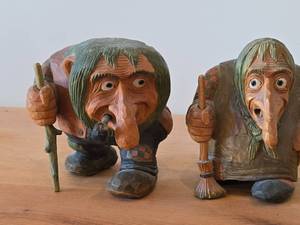 lot 136 image: Vintage Troll theme by Anton Sveen Authentic Hand-carved Handpainted Wooden Signed Figurines Set of 2 (Norway)