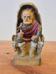lot 168 image: Vintage Norse God Tor theme Authentic Handcarved Hand-painted Wooden Figurine by Henning Engelson (Norway)