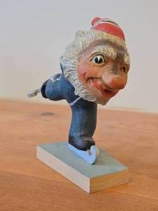 lot 170 image: Vintage Norwegian Troll Ice Skater theme Authentic Handcrafted Hand carved Wooden Figurine by Henning Engelson (Norway)