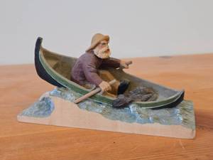 lot 171 image: Vintage Man in Row Boat Amidst a Storm theme Authentic Handcrafted Hand carved Wooden Sculpture by Henning Engelson (Norway)