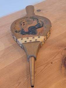 lot 178 image: Vintage Wood and Leather Fireplace Bellows Featuring Hand Carved Troll and Copper Tip