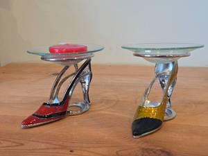 lot 241 image: Lot of (2) High Heel Shoe theme Tea Light Candleholders