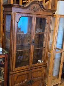 lot 50 image: Stained Wood China Hutch with Glass Doors and Shelves