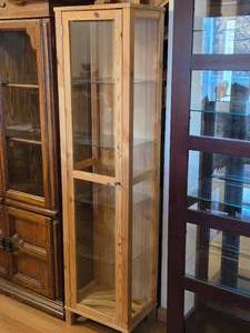 lot 49 image: Ikea Hemnes Natural Wood Finish Display Cabinet with Glass Doors and (4) Glass Shelves