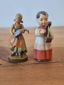 lot 308 image: Lot of (2) Vintage Hand Carved Wooden Figurines by Anri - Girl With Harp, Girl with Goose