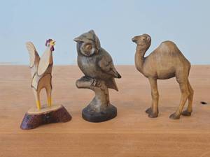 lot 307 image: Lot of (3) Vintage Folk Art theme Hand Carved Wooden Figurines - Rooster, Owl, Young Camel