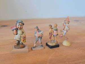 lot 309 image: Lot of (4) Vintage Hand Carved Hand Painted Wood Figurines by Anri - Shepherd with Lamb, Hansel and Gretal, Gnome