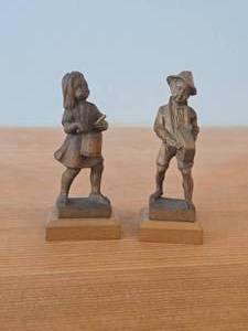 lot 311 image: Lot of (2) Vintage Boy and Girl Playing Drums theme Hand Carved Wooden Figurines (Germany (likely))