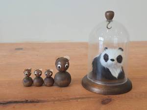 lot 318 image: Lot of (5) Vintage Figurines - Panda Bear with Real Fur Covered Wood Figurine with wood base and glass cover, Mid century Modern Teal Wood Cat Family Danish Style 4 long Set of 4