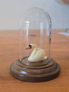 lot 333 image: Vintage Hand Carved Handpainted Wooden Swan Figurine Enclosed in Plastic Dome with Wood Base