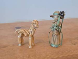 lot 345 image: Lot of (2) Handcrafted Straw Figurines - Ram and Woman - Asian Style Folk Art