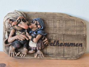 lot 214 image: Vintage Scandinavian Troll theme Welkommen Wall Plaque by Paul Bonner� Bebe� (Norway)