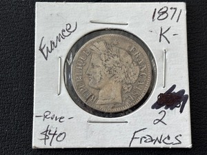 lot 24 image: 1871-K 2 Francs Silver Rare