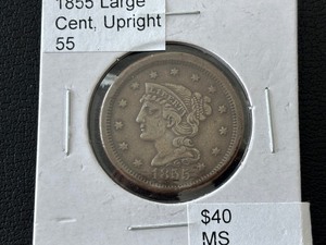 lot 25 image: 1855 Braided Hair Cent Upright 55