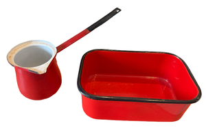 lot 31 image: Vintage Red Enamelware Duo - Milk Pan & Casserole Dish