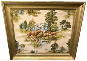 lot 39 image: Mid Century Framed Raised Fabric of Woodland Deer