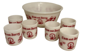 lot 15 image: Vintage Tom & Jerry Milk Glass Bowl & Serving Mug Set - Hazel Atlas Brand