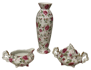 lot 77 image: Lefton China - Rose Chintz - Vase, Cream & Sugar
